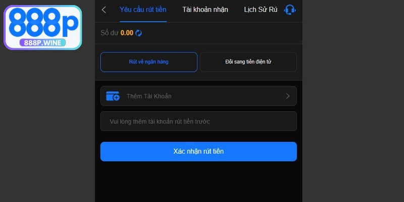 Quy trình rút tiền 888P rất đơn giản, vài thao tác cho game thủ